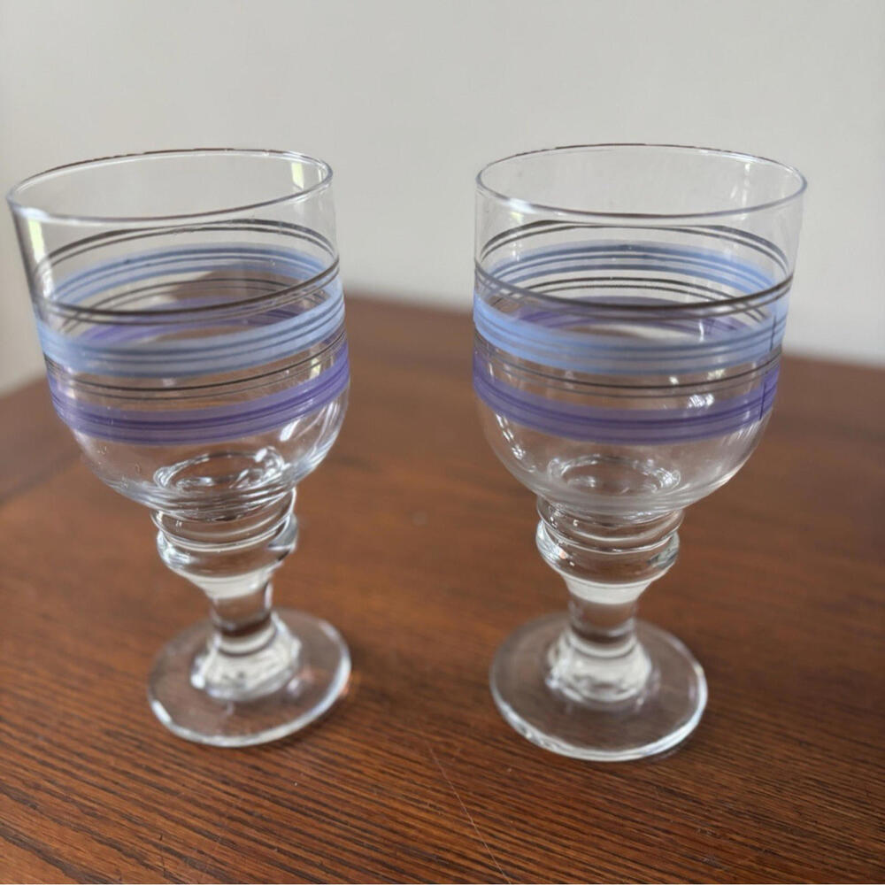 Libbey Blue Purple Striped Vintage Goblets Tea Water Glasses (Lot of 2)